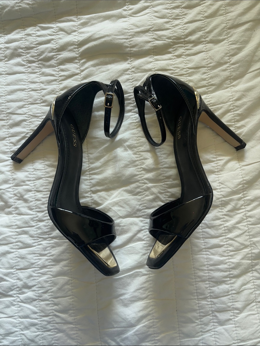 GUESS Black Patent Open-Toe Ankle-Strap Stiletto Heels